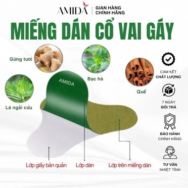Miếng Dán Ngải Cứu Amida 12 miếng - Cao dán xương khớp, giảm mỏi cổ vai gáy nhanh