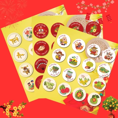 Miếng dán Tết hình tròn 50 miếng, tem niêm phong quà, Chúc Mừng Năm Mới, 15.000đ