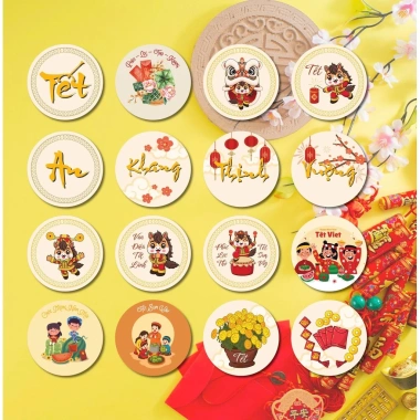 Miếng dán Tết hình tròn 50 miếng, tem niêm phong quà, Chúc Mừng Năm Mới, 15.000đ