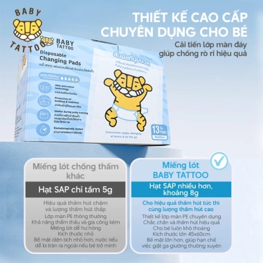 Miếng lót chống thấm Baby Tattoo dùng 1 lần, 5 lớp thấm hút, khô thoáng, không rò rỉ, phù hợp 13 tã – 359.000₫ 2