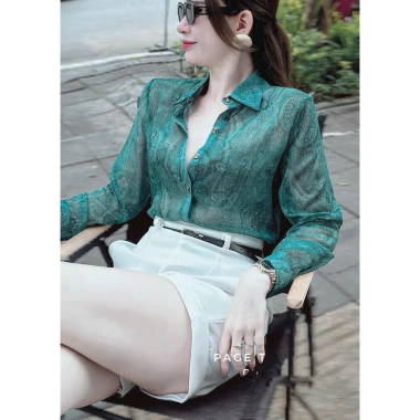 MINAN BOUTIQUE Sơ Mi Tơ Nhăn Đính Đá Xanh Ngọc Bích - Áo Công Sở Nữ Cao Cấp 183k