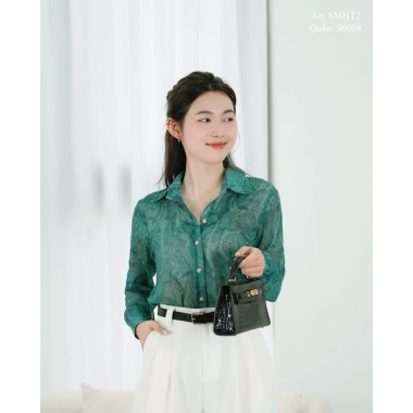 MINAN BOUTIQUE Sơ Mi Tơ Nhăn Đính Đá Xanh Ngọc Bích - Áo Công Sở Nữ Cao Cấp 183k