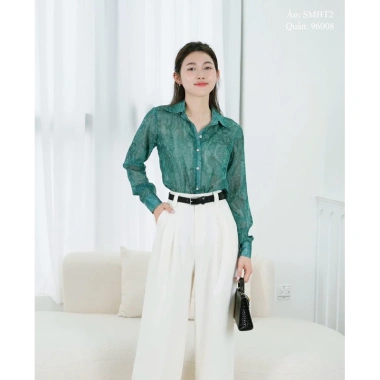 MINAN BOUTIQUE Sơ Mi Tơ Nhăn Đính Đá Xanh Ngọc Bích - Áo Công Sở Nữ Cao Cấp 183k