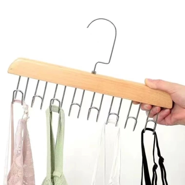 Móc gỗ đa năng 2 dây treo áo, khăn, thắt lưng - Giá treo 8 mắc, gọn tủ quần áo chỉ 17.000₫