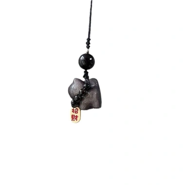 Móc Khóa Mèo May Mắn Bạc Obsidian - Treo Dây Bím Tóc, Đá Quyến Rũ, Ô Tô Nữ