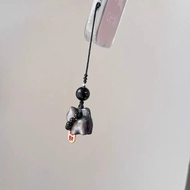Móc Khóa Mèo May Mắn Bạc Obsidian - Treo Dây Bím Tóc, Đá Quyến Rũ, Ô Tô Nữ