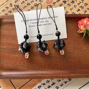 Móc Khóa Mèo May Mắn Bạc Obsidian - Treo Dây Bím Tóc, Đá Quyến Rũ, Ô Tô Nữ