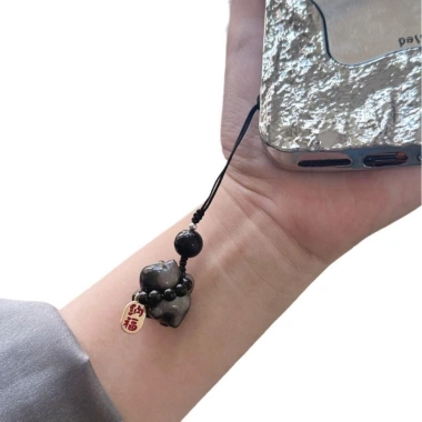 Móc Khóa Mèo May Mắn Bạc Obsidian - Treo Dây Bím Tóc, Đá Quyến Rũ, Ô Tô Nữ