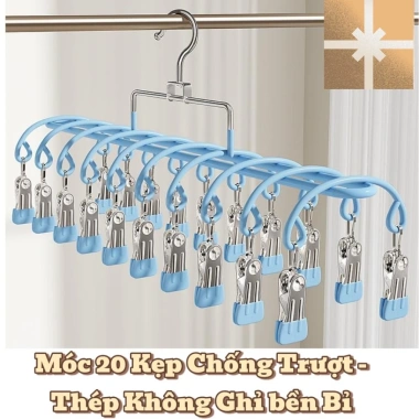 Móc Phơi Quần Áo 20 Kẹp Cao Cấp Xoay 360 Thép Không Gỉ Treo Khăn Mũ Vớ Đồ Lót Thông Minh