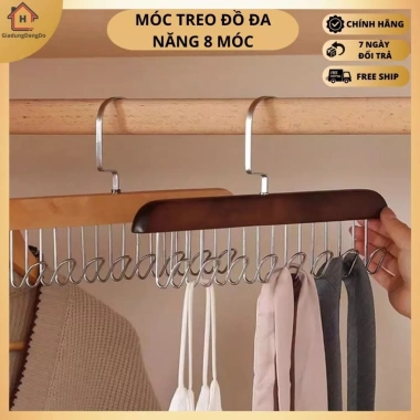 Móc treo đồ đa năng gỗ 8 móc, 2 dây xoay 360° - Treo lót, khăn, thắt lưng, cà vạt, tiện dụng, chỉ 11.899₫