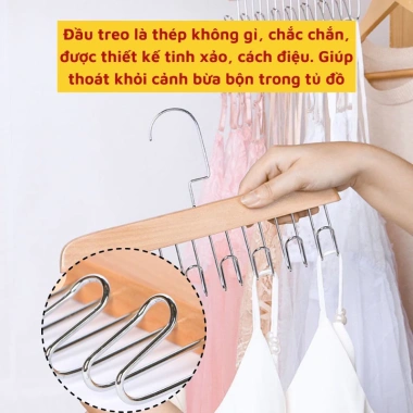 Móc treo đồ đa năng gỗ 8 móc, 2 dây xoay 360° - Treo lót, khăn, thắt lưng, cà vạt, tiện dụng, chỉ 11.899₫