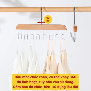 Móc treo đồ đa năng gỗ 8 móc, 2 dây xoay 360° - Treo lót, khăn, thắt lưng, cà vạt, tiện dụng, chỉ 11.899₫
