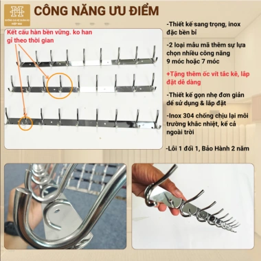 Móc treo inox 304 7-9 móc kép khung 1,5 ly bền đẹp, BH 2 năm, tặng vít 2