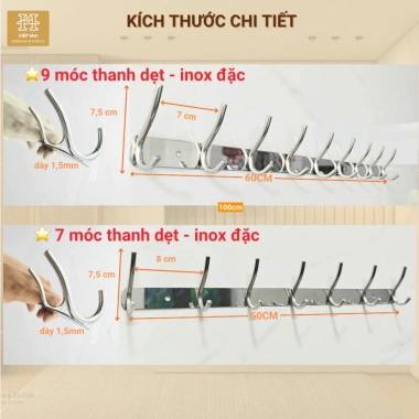 Móc treo inox 304 7-9 móc kép khung 1,5 ly bền đẹp, BH 2 năm, tặng vít 3