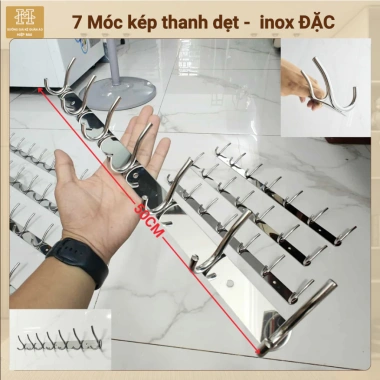 Móc treo inox 304 7-9 móc kép khung 1,5 ly bền đẹp, BH 2 năm, tặng vít 10