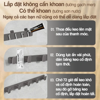 Móc treo quần áo dán tường đa năng 50kg thép carbon, chống gỉ, kèm keo dán & ốc vít - 55.000