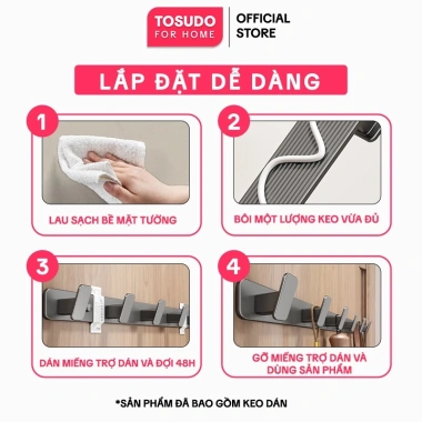 Móc treo quần áo TOSUDO nhôm cao cấp dán tường, chịu lực 60kg, tặng keo dán - 87.000 VND