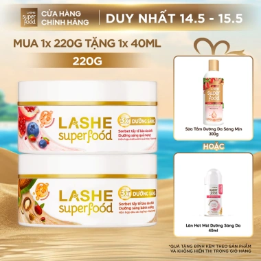 MỚI Kem Tuyết Tẩy Tế Bào Chết LASHE SUPERFOOD Dưỡng Sáng Da Hương Quả Mọng 220g – Tặng Sữa Tắm 300g + Lăn 40ml – Giá chỉ 160.000đ