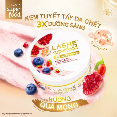 MỚI Kem Tuyết Tẩy Tế Bào Chết LASHE SUPERFOOD Dưỡng Sáng Da Hương Quả Mọng 220g – Tặng Sữa Tắm 300g + Lăn 40ml – Giá chỉ 160.000đ