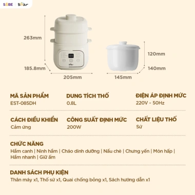 MỚI Nồi Nấu Chậm Bear EST-085DH 0.8L Chưng Yến Nấu Cháo Hầm Thủy Hấp Cho Bé 8 MỚI Nồi Nấu Chậm Bear EST-085DH 0.8L Chưng Yến Nấu Cháo Hầm Thủy Hấp Cho Bé 8