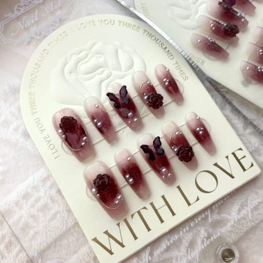 Móng Tay Giả Handmade Đỏ Rượu Vang Cô Gái Bướm Hoa Trà Tái Sử Dụng và Tháo Rời Giá 31,357₫