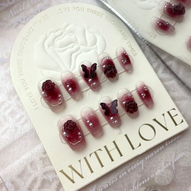Móng Tay Giả Handmade Đỏ Rượu Vang Cô Gái Bướm Hoa Trà Tái Sử Dụng và Tháo Rời Giá 31,357₫
