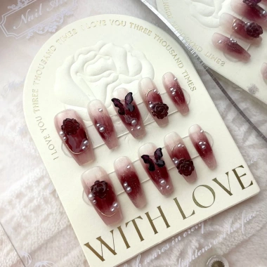 Móng Tay Giả Handmade Đỏ Rượu Vang Cô Gái Bướm Hoa Trà Tái Sử Dụng và Tháo Rời Giá 31,357₫