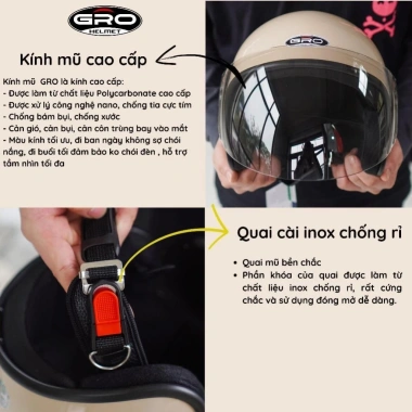 Mũ Bảo Hiểm 3/4 GRO Helmet T818 kính dài che mặt, thời trang nữ, khóa kim loại - 259.700₫