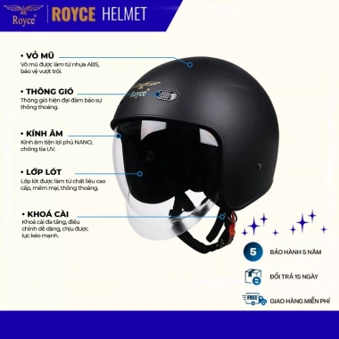 Mũ bảo hiểm 3/4 Royce XH26 kính âm cho nam nữ đi xe máy - Giá chỉ 460.000 VND