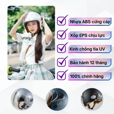Mũ bảo hiểm 3/4 Varo A317 – Thông gió thoáng khí, kính chống chói UV, Quatest 2 QCVN 2.021 – 249.000₫ 3