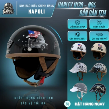 Mũ Bảo Hiểm Napoli Nửa Đầu CHÍNH HÃNG - Harley 1/2 N04 Pug Dán Tem, FREESHIP, Giá 330k