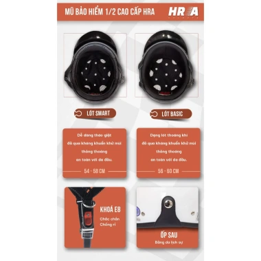 Mũ Bảo Hiểm Nửa Đầu Cao Cấp HRA Thiết Kế Sang Trọng Giá Ưu Đãi 280.000