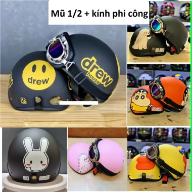 Mũ Bảo Hiểm Nửa Đầu Kính Phi Công 1/2 - Tem Siêu HOT, Cá Heo Cao Cấp, Giá 80.000