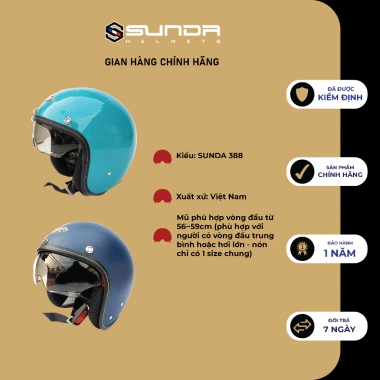 Mũ bảo hiểm phi công SUNDA 388 kính giấu - Giá giảm 609.000₫, chất lượng cao, an toàn tối đa 3
