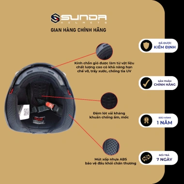 Mũ bảo hiểm phi công SUNDA 388 kính giấu - Giá giảm 609.000₫, chất lượng cao, an toàn tối đa 5