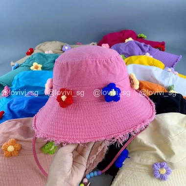 Mũ Bucket Tua Rua Xỏ Hạt, Charm Hoa Len, Nón Tai Bèo Viền Rách Hàn Quốc 67.5k 4