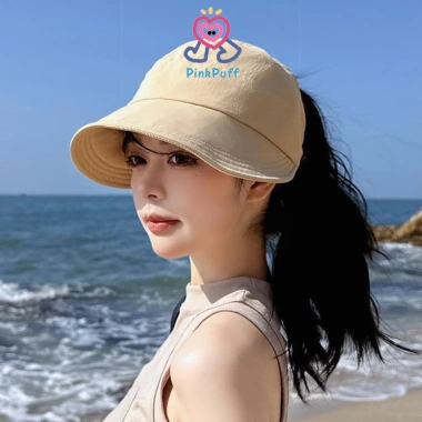 Mũ chống nắng nửa đầu Hàn Quốc màu hồng, vành rộng, móc đeo khẩu trang, buộc tóc đuôi ngựa - 29.690đ 4