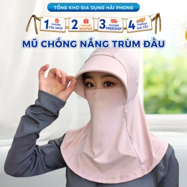 Mũ chống nắng trùm đầu UV tích hợp khẩu trang vải lụa, băng che cổ, lỗ thoáng khí