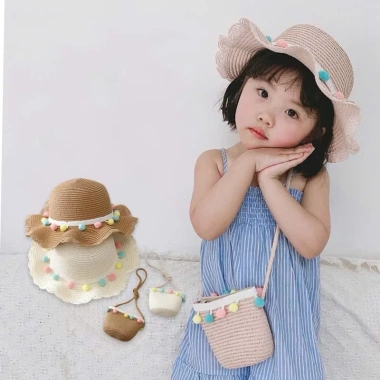 Mũ cói bé 3-6 tuổi kèm túi rộng vành chống nắng tua rua chấm bi xinh xắn
