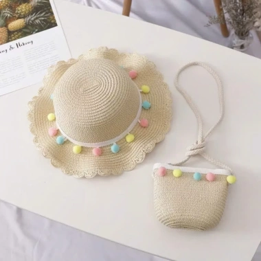 Mũ cói bé 3-6 tuổi kèm túi rộng vành chống nắng tua rua chấm bi xinh xắn