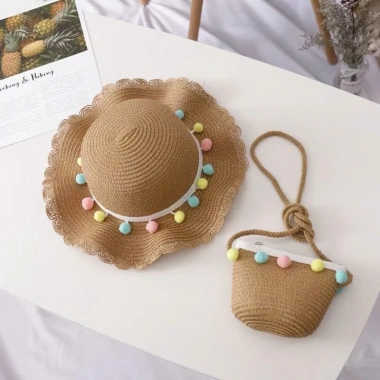 Mũ cói bé 3-6 tuổi kèm túi rộng vành chống nắng tua rua chấm bi xinh xắn