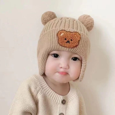 Mũ Len 3D Gấu cho Bé 0-3 tuổi, 2 quả bông mềm, nam nữ, tuyển sỉ giá ưu đãi 5
