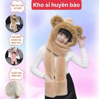 Mũ len 3in1 tai gấu M cho bé 5-10 tuổi – Len lông mềm, ấm áp mùa đông, giá ưu đãi 104k