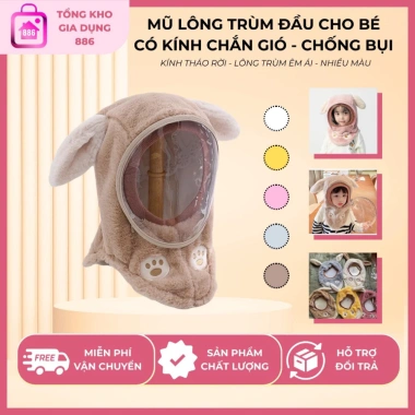 Mũ lông trùm đầu có kính chắn gió, chống bụi, kín cổ tháo rời - Tuyển sỉ 51.299đ cho bé yêu