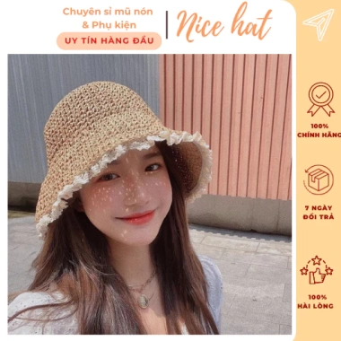 Mũ nón cói nữ đi biển móc tay thủ công ren, phong cách retro xinh xắn - Giá 75.000