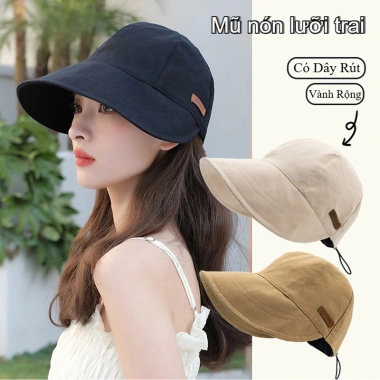 Mũ nón lưỡi trai nữ trơn, vành cụp rộng, dây rút thoáng khí, che nắng UV, giá 52.500₫