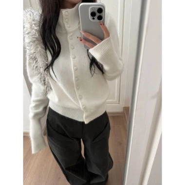 Mùa Thu Đông Đứng Cổ Áo Len Nữ Hàn Quốc Cao Cấp Cardigan Waxy Mềm Mại 2