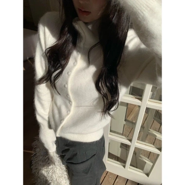 Mùa Thu Đông Đứng Cổ Áo Len Nữ Hàn Quốc Cao Cấp Cardigan Waxy Mềm Mại 3