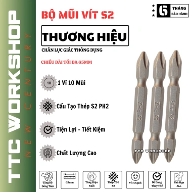 Mũi vít MKT PH2 S2 4 cạnh 2 đầu dài 65mm, từ tính cực mạnh, chân lục giác chuẩn