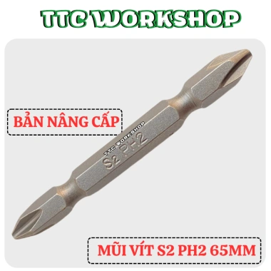 Mũi vít MKT PH2 S2 4 cạnh 2 đầu dài 65mm, từ tính cực mạnh, chân lục giác chuẩn